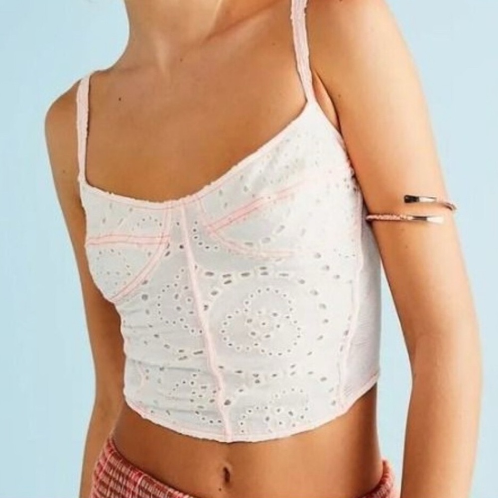 NWT Free People: Eyelet Corset Top pink piping detail